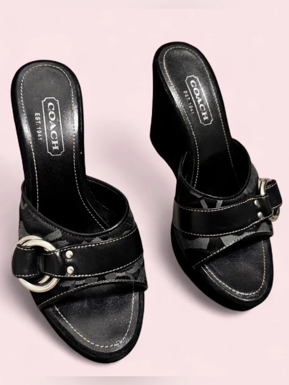 Coach Black Suede Wedge Slide Sandals with Buckle Detail